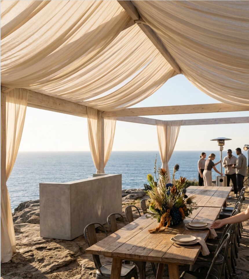 An elegant seaside wedding reception beneath flowing fabric